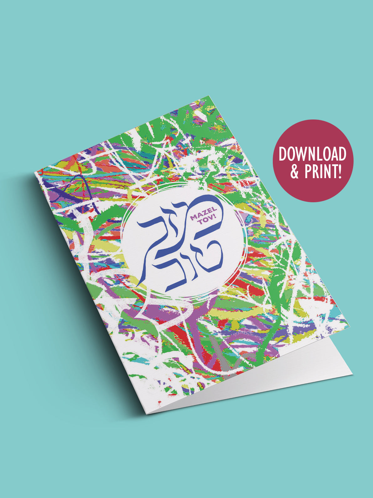 Printable Mazel Tov card, multicolor, Instant Download PDF, 5 x 7 card with printable envelope, digital download,