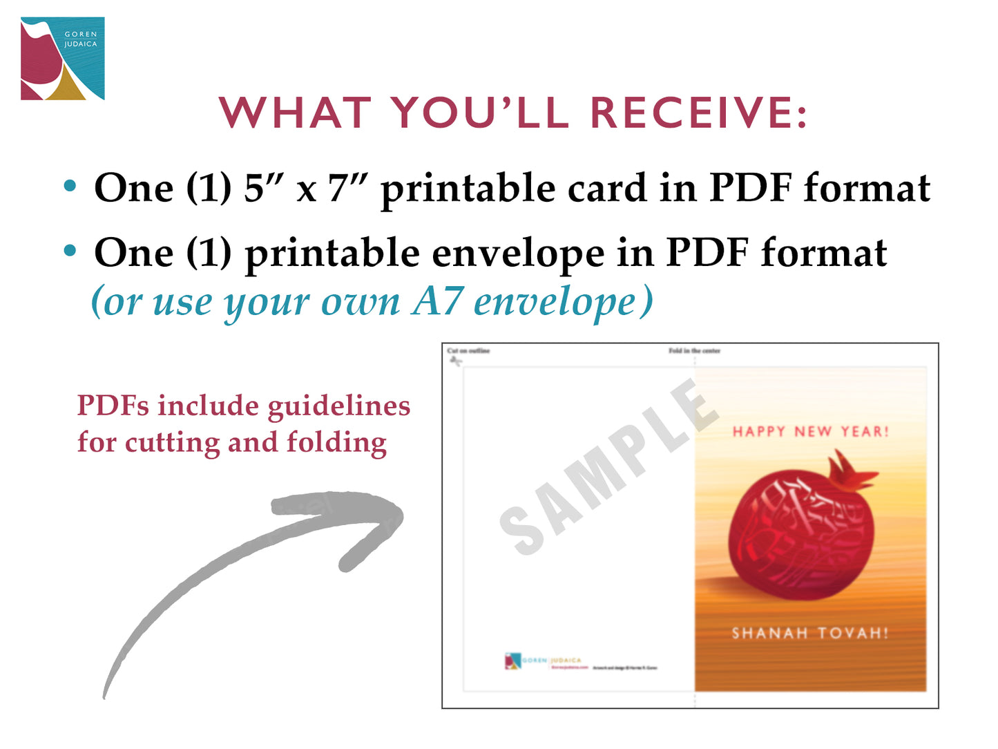 Printable Rosh Hashanah card, pomegranate (rimon), Instant Download PDF, 5 x 7 card with printable envelope, digital download,