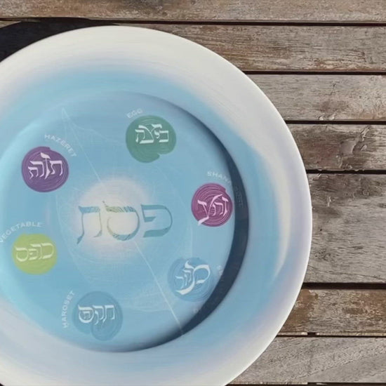 Panning and zooming in to see the details of the Goren Judaica Aviv Seder Plate.